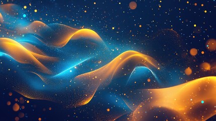 Abstract Futuristic Background With Blue And Yellow Waves Lightning And Energy Field Sparkling Particle Ribbons Science And Technology 3D