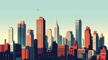 Obraz premium Flat-style skyline of a modern city, tall sleek buildings with geometric designs, clear blue sky, warm sunlight, minimalist shapes, glass windows reflecting the light, calm urban atmosphere,