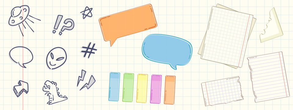 School memo notes and doodle drawings on notebook page background. Contemporary vector cartoon illustration of color stickers, speech bubbles, blank papers for schedule or message, ufo and alien icons