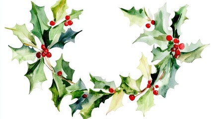Fototapeta premium Abstract watercolor wreath of holly leaves set against a white background Ideal for festive designs for the holiday season