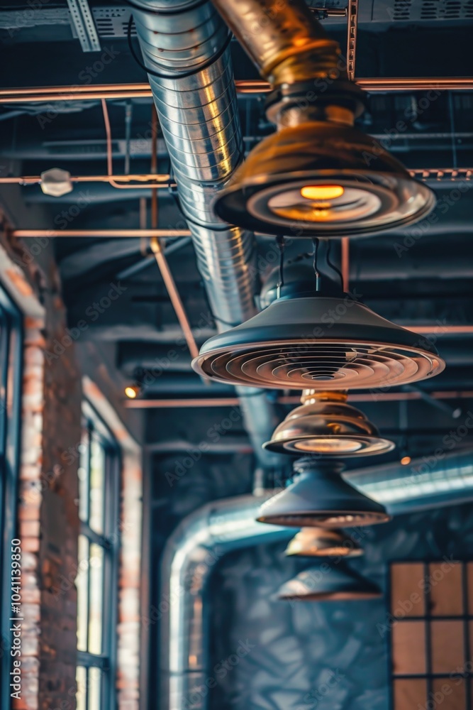 Poster close-up view of a decorative string lights installation on a ceiling, suitable for party or event d