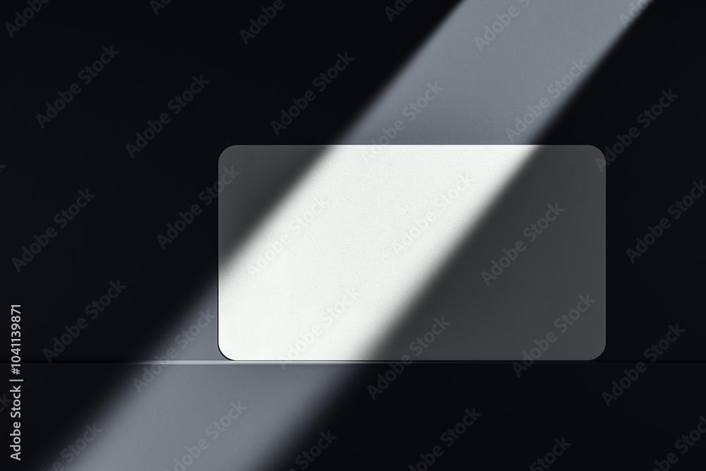 Poster close up of blank white business card on dark desk surface with sunlight. ad concept. mock up, 3d re