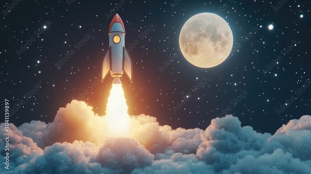 Poster rocket spaceship takes off with smoke and blast into a starry sky featuring a full moon in this 3d c