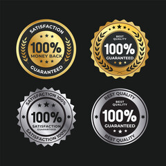 100% satisfaction guaranteed badge collection. Gold & Silver 100% money back stamp, icon, vector illustration
