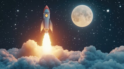 Rocket spaceship takes off with smoke and blast into a starry sky featuring a full moon in this 3D cartoon rendering symbolizing the beginning of a lunar mission and a successful launch concept