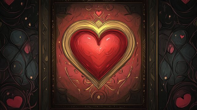 Heart card from a Lenormand oracle deck featuring Gothic Mysteries Hand drawn cartoon illustration showcasing fantasy and mystic themes with esoteric symbols and a Gothic background