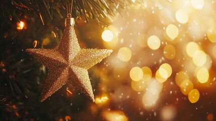 Sparkling Gold Star Ornament on Christmas Tree