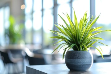 A potted plant sits on a table in front of a window, with natural light illuminating the scene