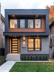 Symmetrical modern house featuring eco-friendly finishes, clean lines, and a soft, inviting aesthetic.