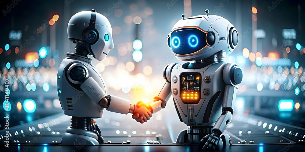 Poster ai robot customer service agent shaking hands glossy image collaboration concept copy space for bran