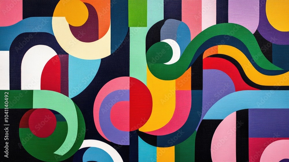 Poster geometric line art features colorful blocks creating optical illusions with endless knots arcs waves