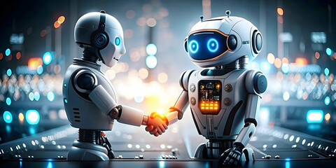AI Robot Customer Service Agent Shaking Hands Glossy Image Collaboration Concept Copy Space for Branding Photo Stock