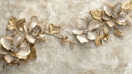 Obraz premium Gold flower brooch wallpaper mural featuring jewelry diamond flowers magnolia floral designs and an abstract textured background in beige 3D style
