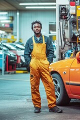 Fototapeta premium A person standing beside a vehicle in an automotive workshop