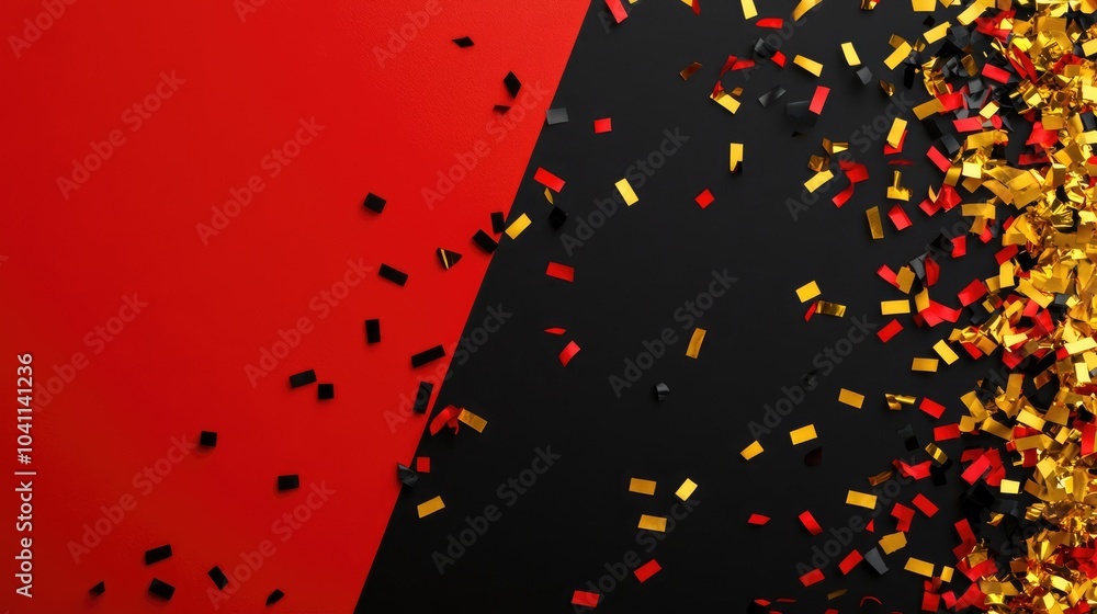 Poster mock up of falling confetti in red black and gold colors with blank space for text red yellow and bl