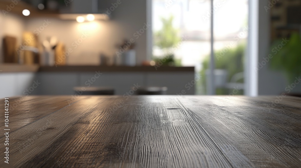 Poster 3d rendering of an empty beautiful wooden tabletop with a blurred bokeh effect showcasing a modern k
