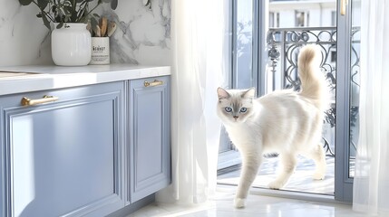 Curious feline pet exploring a bright and open concept modern kitchen interior design with minimalist decor and furnishings