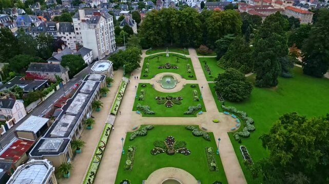Parc du Thabor with botanical gardens, Rennes, France. Aerial drone top down reverse