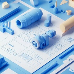 3D Engineering Blueprint Icon: Design and Planning Tool Illustration Logo