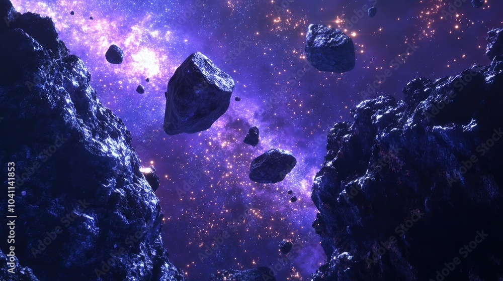 Poster 3d cartoon visualization of deep space featuring a massive asteroid field with large asteroid rocks 