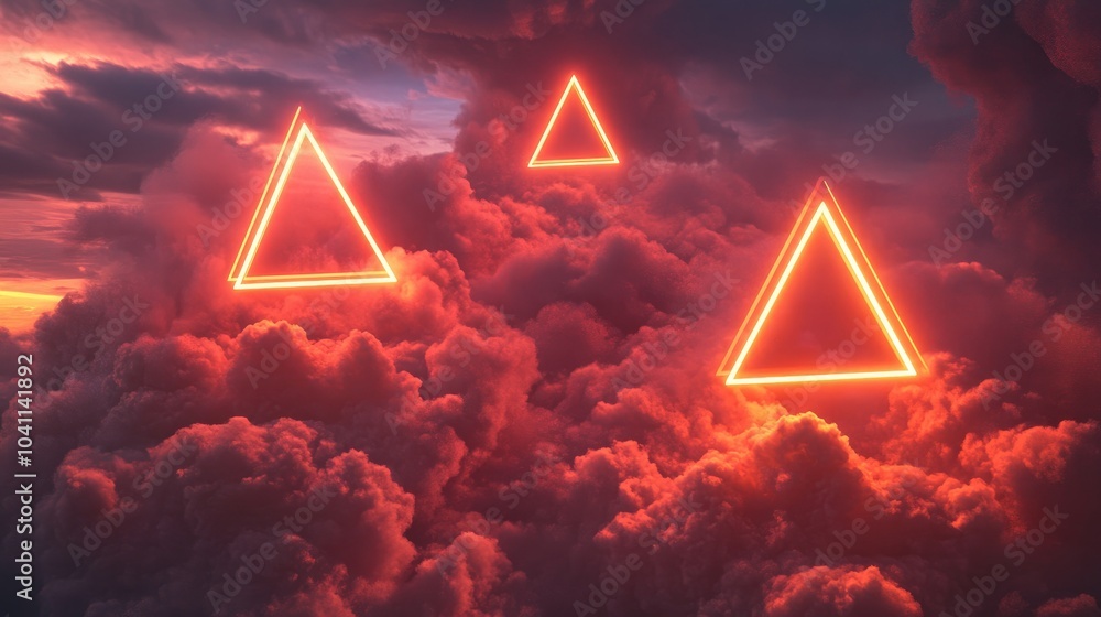 Poster red neon triangles in clouds depicted in 3d cartoon rendering