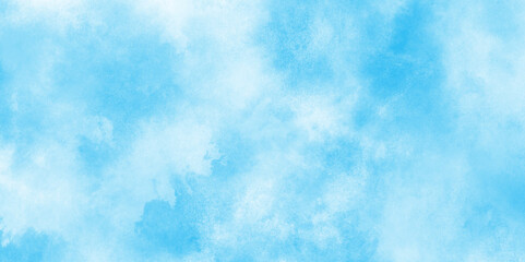 Creative vintage light sky blue background with various clouds and fogg, Watercolor stain with hand paint pattern on blue canvas, natural cloudy watercolor abstract painting background.