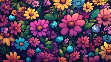 Playful 2D cartoon floral seamless pattern showcasing whimsical flowers in a vibrant fantasy style