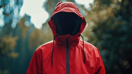 A person wearing a red jacket with a hood, outdoors