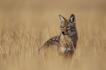 Obraz premium A vigilant creature perches in the sunlit grass, embodying the spirit of untamed resilience.