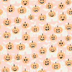 Obraz premium Cute and happy jack-o'-lanterns illustrations with castles and bat shadows in the background in orange and black on light pink and off white. A seamless vector pattern. Great for home decor, fabric.