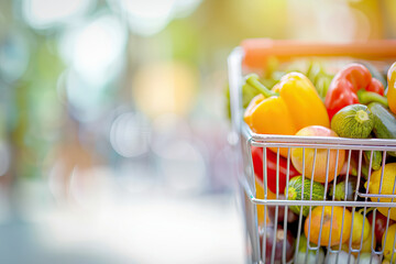 Naklejka premium supermarket cart full of vegetables and fruit inside a store