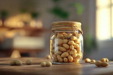 A jar filled with peanuts sits on a wooden table, ready for snacking or serving