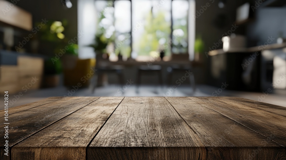 Poster 3d rendering of an empty beautiful wooden tabletop with a blurred bokeh effect showcasing a modern k