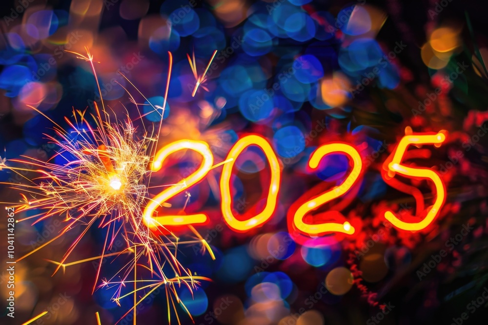 Poster a close-up shot of a sparkler with the number 2025 written on it