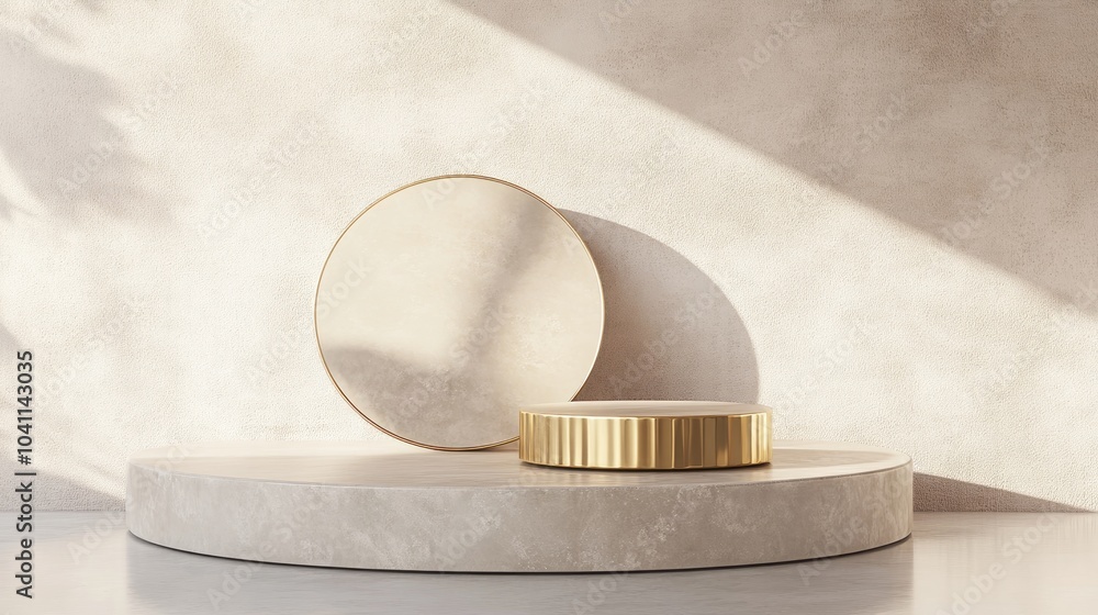 Poster round podium featuring geometric shapes and gold accents abstract empty pedestal display platform 3d