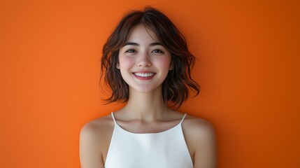 Obraz premium Young Woman Smiling Against Vibrant Orange Background