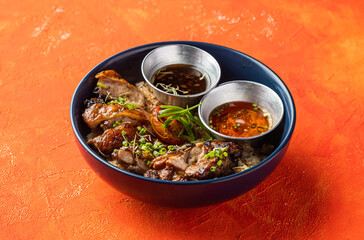 Garlic Rosemary Chicken Rice Bowl with Sauces isolated on orange background side view of Appetizer Meal