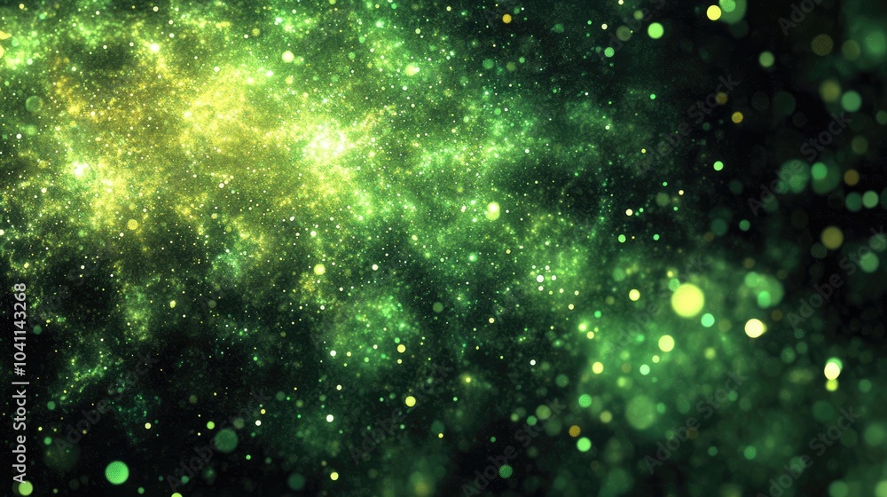 Poster abstract green sparkles on a black background in a 3d cartoon rendering fantasy fractal texture digi
