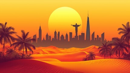 Surreal Desert Landscape with City Silhouette