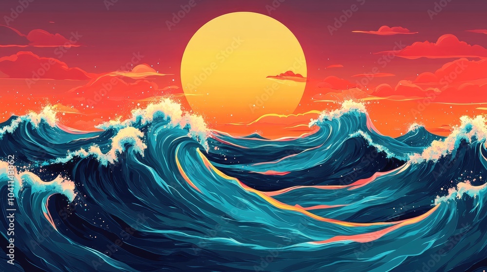 Poster 2d cartoon illustration depicting sea waves and the sun utilizing a noise pattern and pointillism st