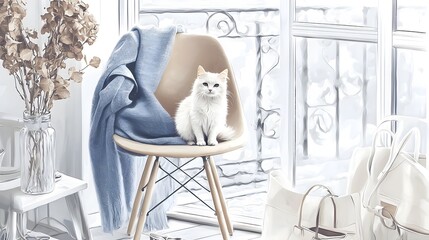Photograph of a content cat sitting on a modern minimalist chair in a bright and airy home interior setting