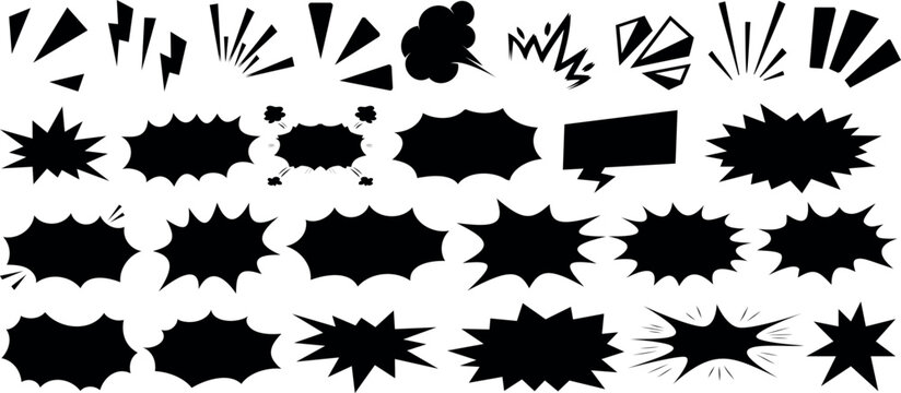 Comic burst explosion vector, comic boom elements, and speech bubbles in black silhouettes. Ideal for comic designs, pop art, and retro style illustrations