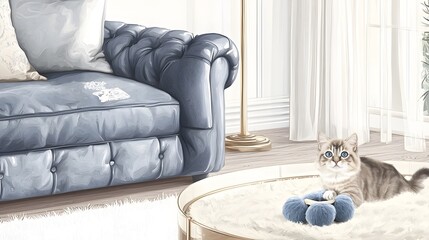 Photograph of a playful feline companion enjoying playtime on a soft plush carpet in a stylish contemporary living room setting