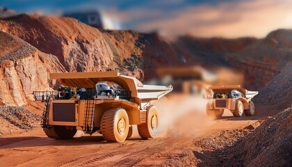 Heavy dump trucks navigate a dusty mining site, transporting materials amidst rocky terrain under a sunset sky.