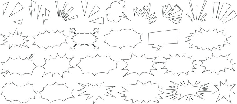 Comic speech bubbles, bursts, explosions, and cloud shapes in black outlines. Perfect for comic strip designs, cartoons, and graphic art. Versatile elements for dynamic storytelling, action