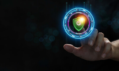 A businessman in digital data network security, representing digital connectivity, cloud storage, and the essential role of technology in modern business communication