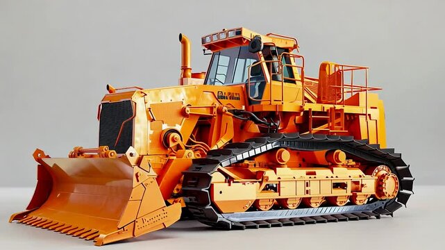 Large orange bulldozer with wide blade standing in a bright, modern setting. This construction vehicle image is detailed and realistic. Useful for illustrating heavy machinery. Generative AI