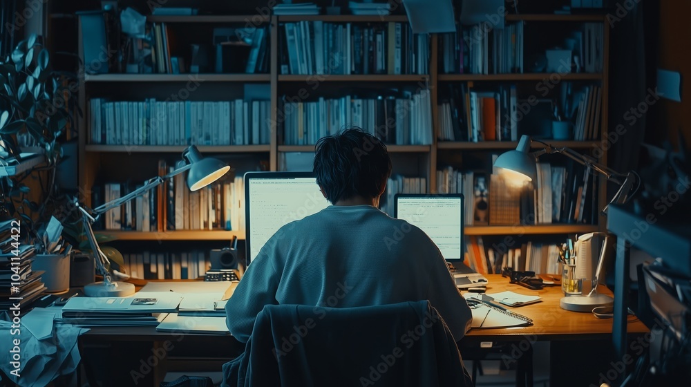 Poster minimalist workspace with person writing in notebook