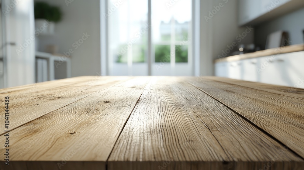 Poster 3d rendering of a close up view of a wooden dining table in a contemporary scandinavian kitchen with