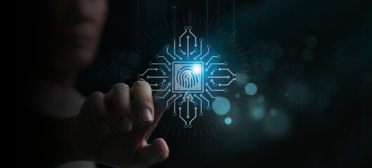 A businessman engages with the digital data network security, embodying the key concepts of communication and technology, including elements of digital connectivity, the Internet of Things, big data, 